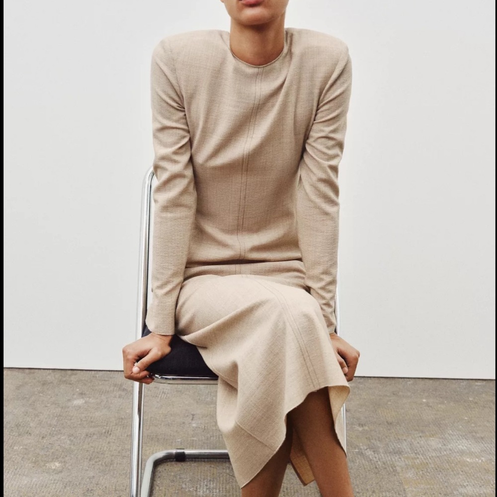 Zara Women Tube Wool Midi Beige Long Sleeve Dress